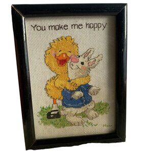 You Make Me Happy Cross Stitch Wall Art Framed Needlepoint 6"x8" Adorable Bunny